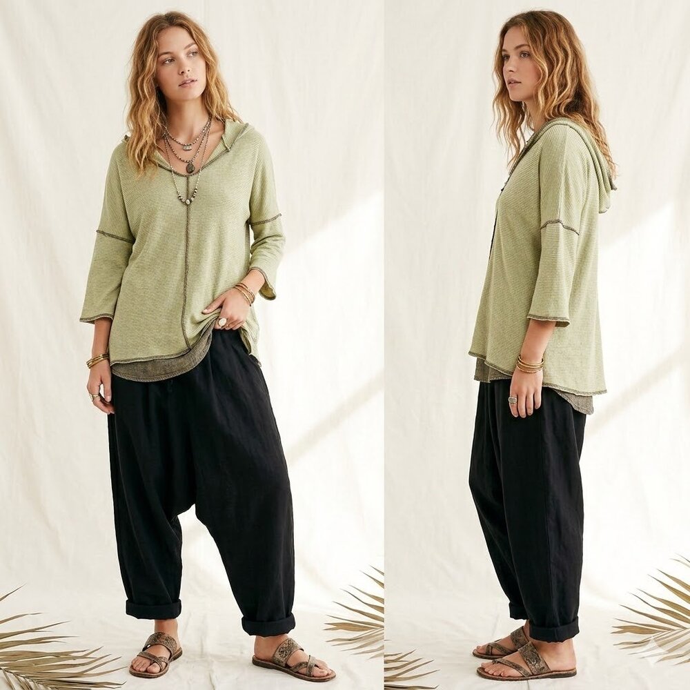 Raw Earth Wild Sky Organic Cotton Blend Striped Ruched Back Hoodie Top Tunic S